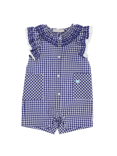 Monnalisa Gingham Playsuit With Embroidery And Ruffles In White + Blue