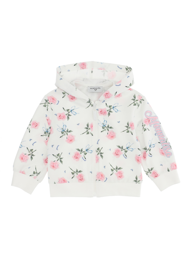 Monnalisa Rose Bouquet Print Jersey Sweatshirt In Cream + Pink