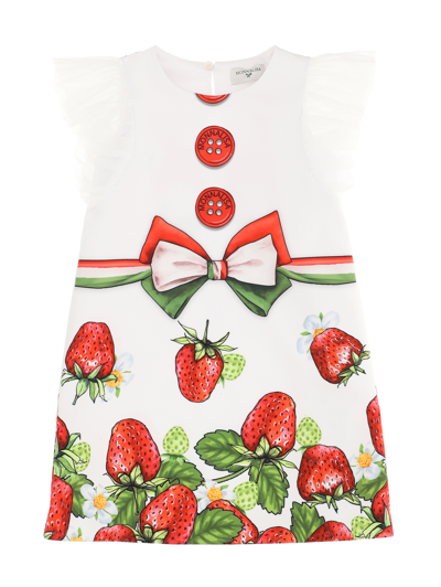Monnalisa Strawberry-print Cotton Dress In White