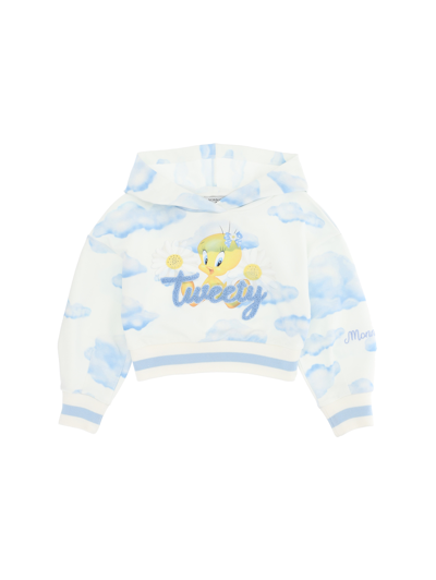 Monnalisa Babies'   Tweety Cotton Sweatshirt With Cloud Print In Cream White + Sky Blue