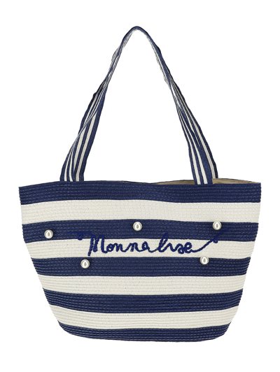 Monnalisa Maxi Striped Straw Bag In White + Blue