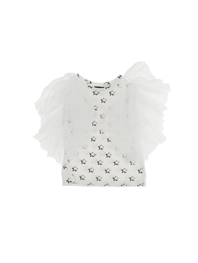 Monnalisa Star Jersey T-shirt With Tulle Sleeves In White + Black