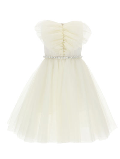 Monnalisa Heart Silk-touch Tulle Dress In Cream