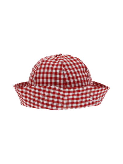 Monnalisa Embroidered Gingham Cap In Cream + Red