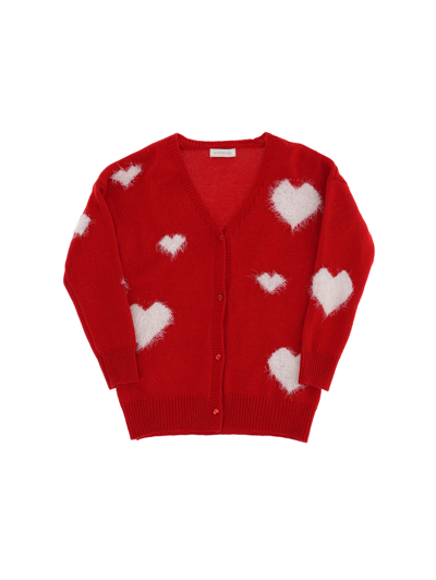Monnalisa Hearts Viscose Blend Knit Cardigan In Red + Cream