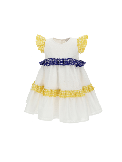 Monnalisa Dress With Daisies And Gingham Embroidery In White + Blue