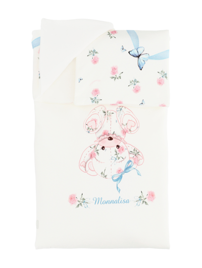 Monnalisa Babies'   Cotton Blanket With Bud Print In Cream + Pink