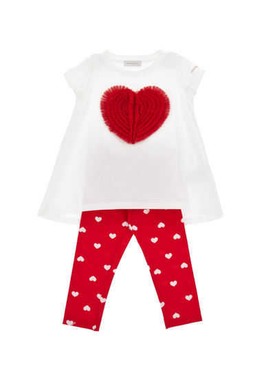 Monnalisa T-shirt And Leggings Set In Tulle And Jersey In Cream + Red
