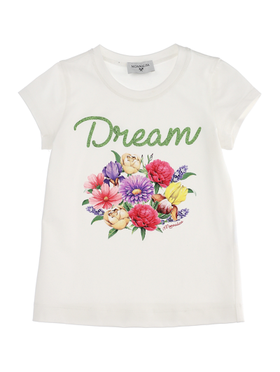 Monnalisa Kids'   Bouquet Print Jersey T-shirts In Cream