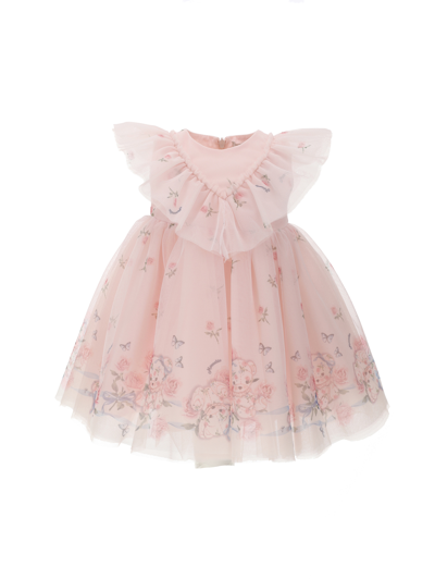 Monnalisa Kids' Pink Teddy Print Tulle Dress