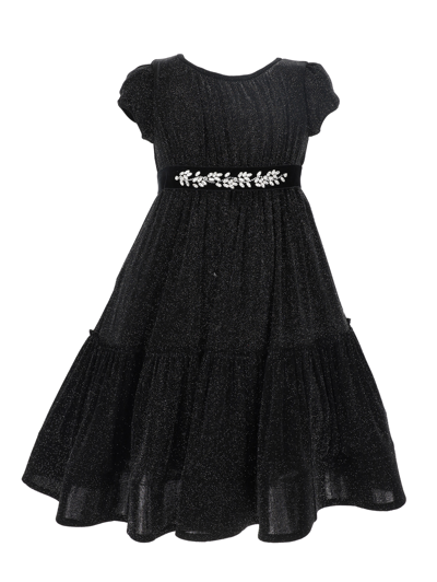 Monnalisa Glitter Jersey Dress In Black + Silver