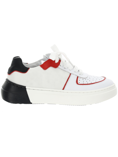 Monnalisa Lace-up Nappa Sneakers In White + Red