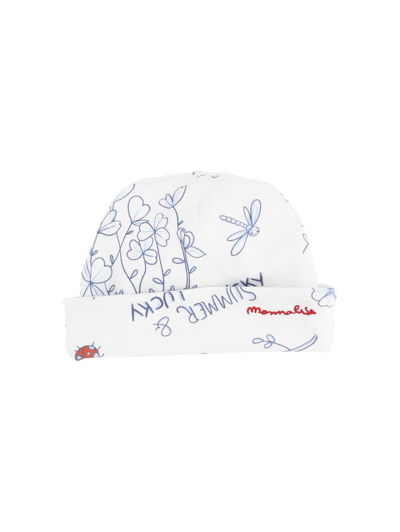 Monnalisa Kids'   Cotton Bonnet With Ramage Embroidery In White + Blue