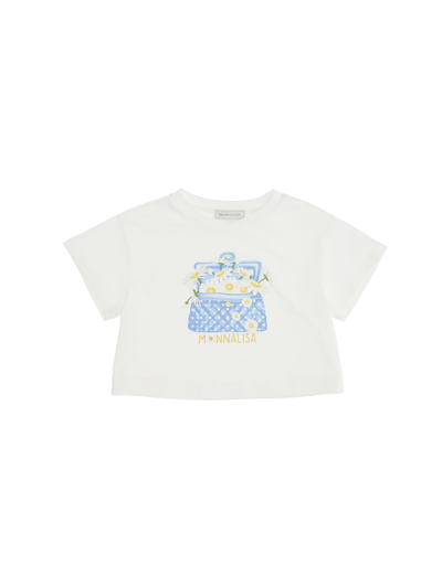 Monnalisa Jersey T-shirt With Mini Bag Print In Cream + Light Blue
