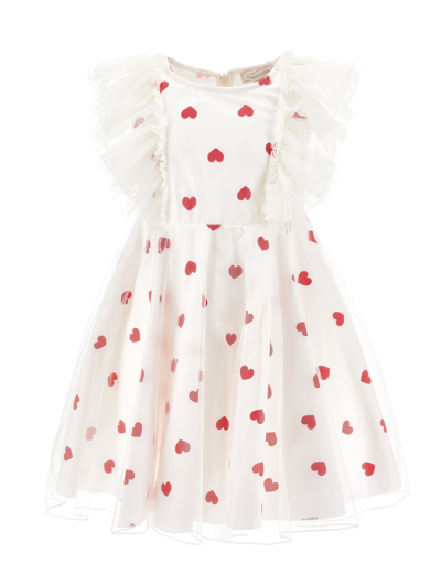 Monnalisa Poplin Tulle Heart Dress In Cream + Red