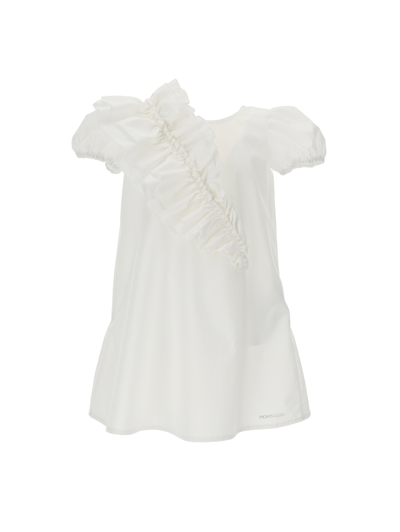 Monnalisa Kids'   Poplin Dress With Asymmetrical Ruffle In White