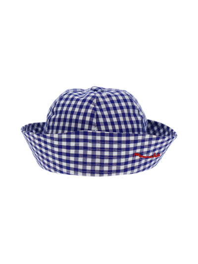 Monnalisa Embroidered Gingham Cap In White + Blue