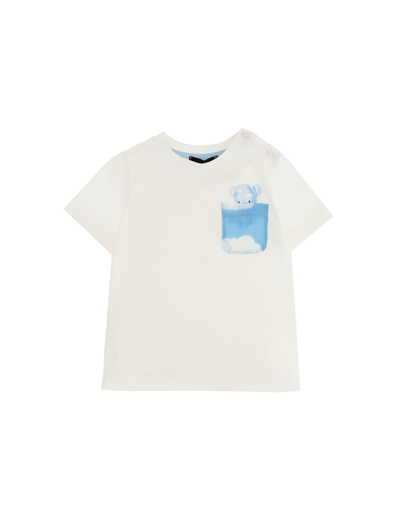 Monnalisa Cotton T-shirt With Pocket And Teddy Bear In Cream