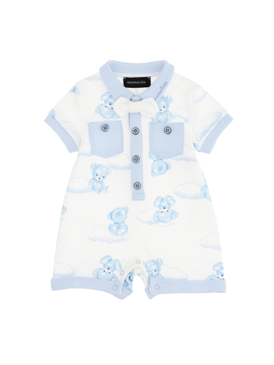 Monnalisa Cotton Playsuit With Bow Tie In Cream White + Sky Blue