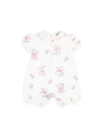 Monnalisa Cotton Romper With Bear And Rose Print In Cream + Pink