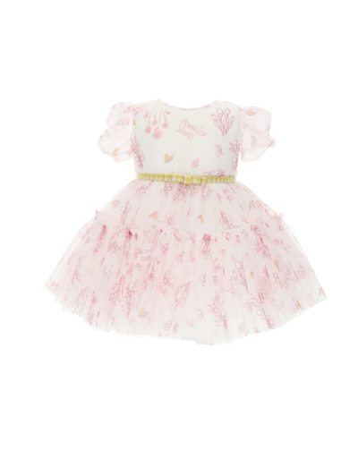 Monnalisa Floral Tulle Dress With Belt In White + Fuchsia