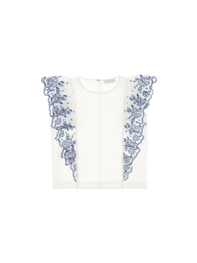 Monnalisa Kids'   Embroidered Poplin T-shirt In Cream + Navy Blue