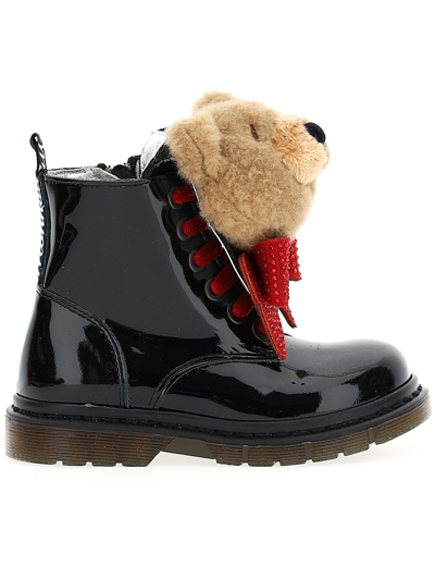 Monnalisa Teddy Patent Leather Combats In Black