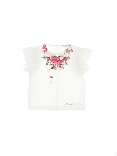 Monnalisa Kids'   Cotton T-shirt With Flower Necklace Print In Cream