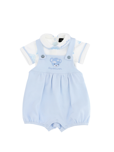 Monnalisa Kids'   Body And Dungarees Newborn Set In Cream White + Sky Blue
