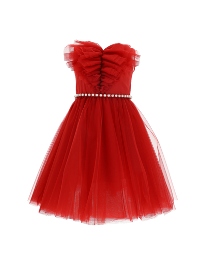 Monnalisa Heart Silk-touch Tulle Dress In Red