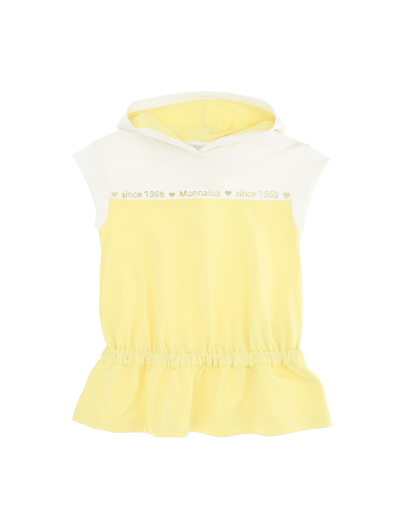Monnalisa Two-tone Fleece Dress With Rhinestones In Light Yellow + Cream