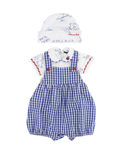 Monnalisa Babies'   Dungarees Bodysuit And Bonnet Newborn Set In White + Blue