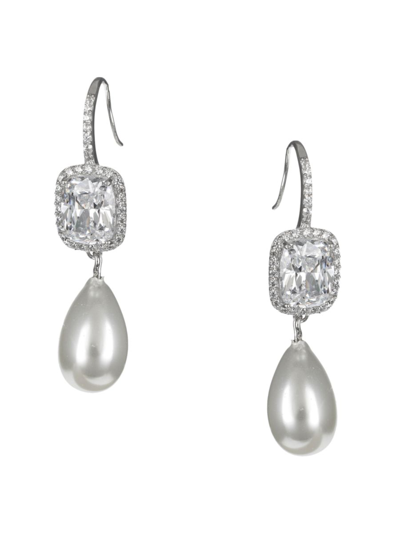 Cz By Kenneth Jay Lane Women's Look Of Real Rhodium Plated, 8-10mm Pear-shape Pearl & Cubic Zirconia Earring In Brass