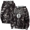 Majestic Threads Black Brooklyn Nets Burble Tie-dye Tri-blend Pullover Hoodie In Black