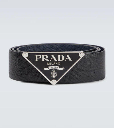 Prada Logo Buckle Leather Belt In Black