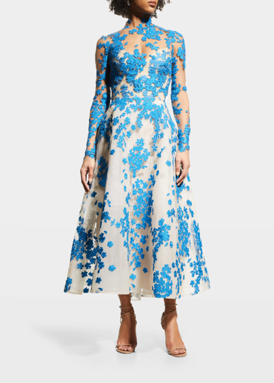 Monique Lhuillier Floral-embroidered Tulle Open-back Jacket In Beigeelectric Blu