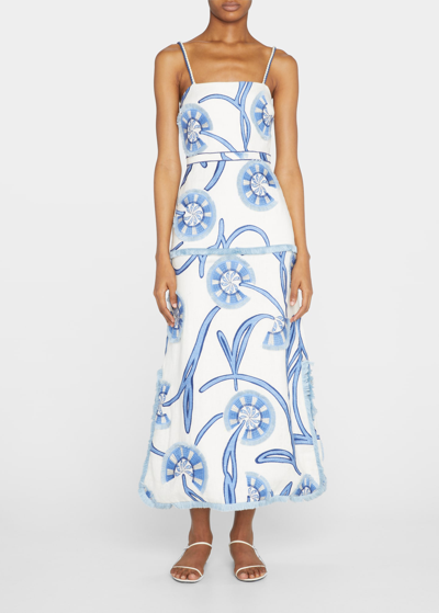 Alexis Bouquet Embroidered Floral Linen Midi Dress In Giardino Blu |  ModeSens