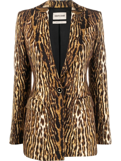 Roberto Cavalli Leopard Print Single-breasted Blazer In Brown