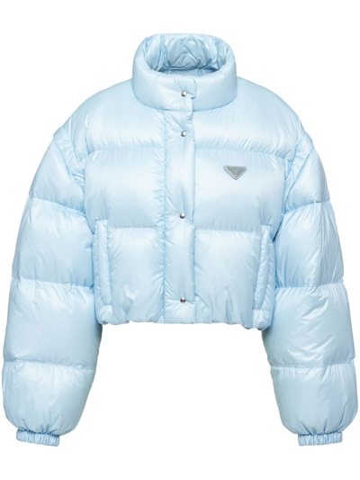 Prada Re-nylon Cropped Convertible Down Jacket In Light Blue