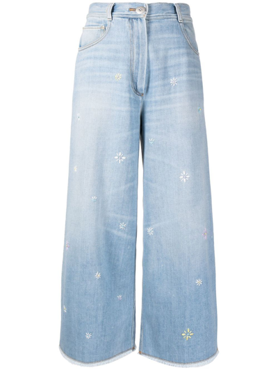 Forte Forte Floral-embroidered Wide-leg Jeans In Blau