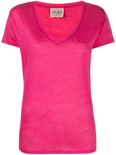 Mc2 Saint Barth V-neck Linen T-shirt In Fuchsia