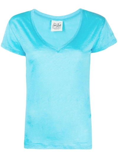 Mc2 Saint Barth V-neck Linen T-shirt In Blue