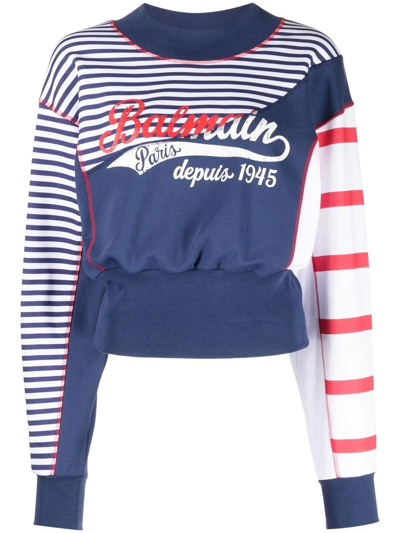 Balmain Logo-print Striped Sweatshirt In Blau