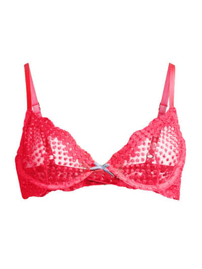 Fleur Du Mal Dotty Satin-trimmed Embroidered Stretch-tulle Underwired Soft-cup Bra In Pop Pink