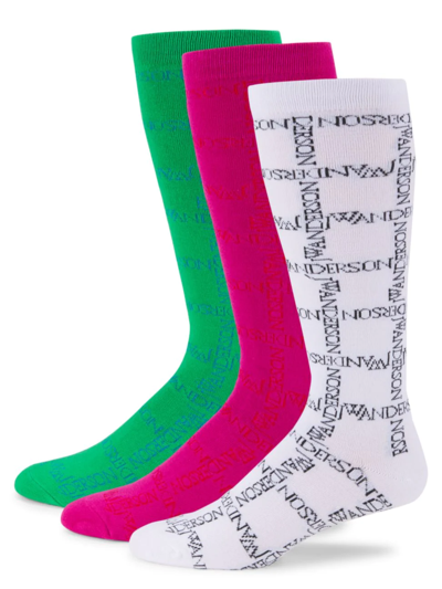 Jw Anderson Three-pack Multicolor Logo Grid Socks In White Pink