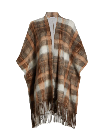 Brunello Cucinelli Fringed Checked Brushed Knitted Poncho In Brown