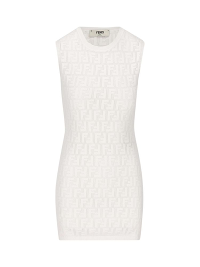 Fendi White Logo-embossed Knitted Mini Dress