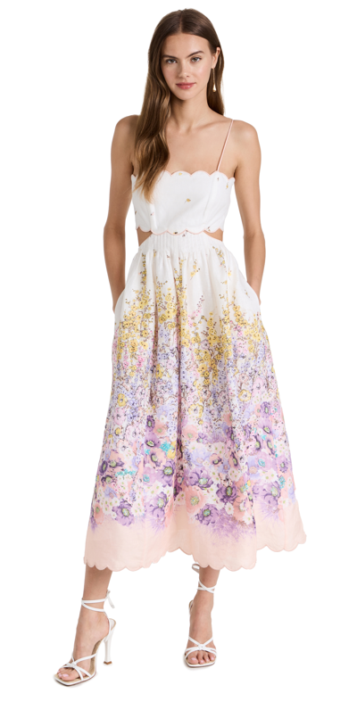 Zimmermann Jude Lace-up Cutout Scalloped Floral-print Linen Midi Dress In Gradient Floral