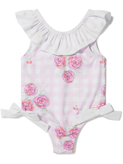 Patachou Kids' Floral-print Ruffled Swimsuit In White