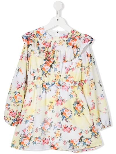 Msgm Kids' Floral-print Ruffle Dress In Yellow